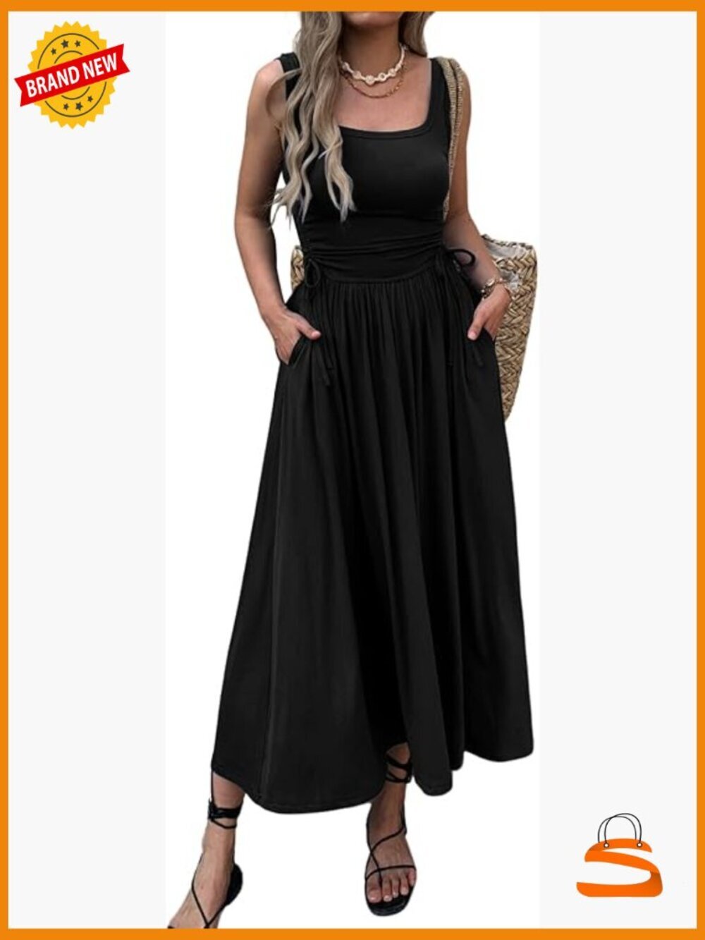 Sleeveless Boho Maxi Dress with Pockets, Adjustable Waist, Summer Sundress